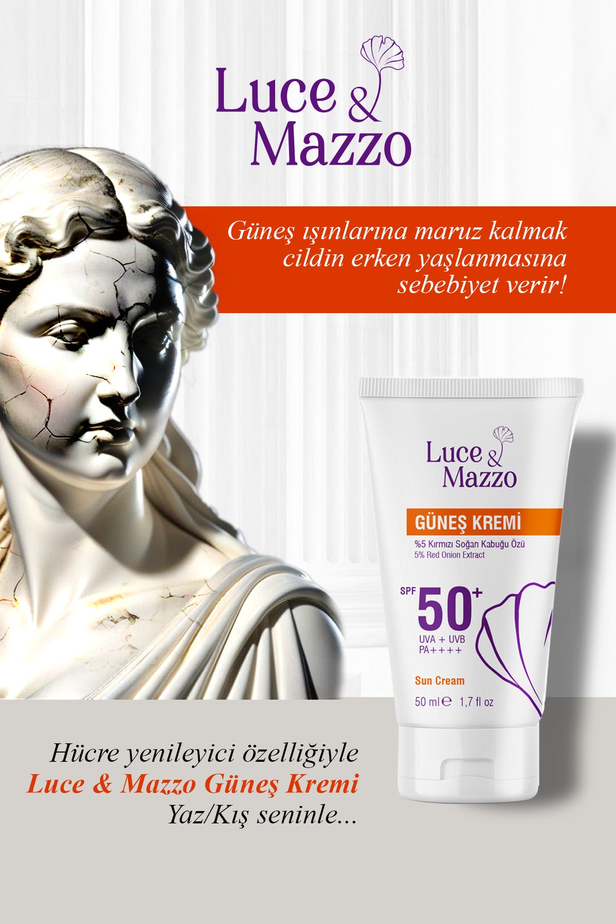 Yüksek Koruma SPF 50+ Yüz Vücut Güneş Kremi 50 ml- Mineral Bazlı Yağsız Besleyici